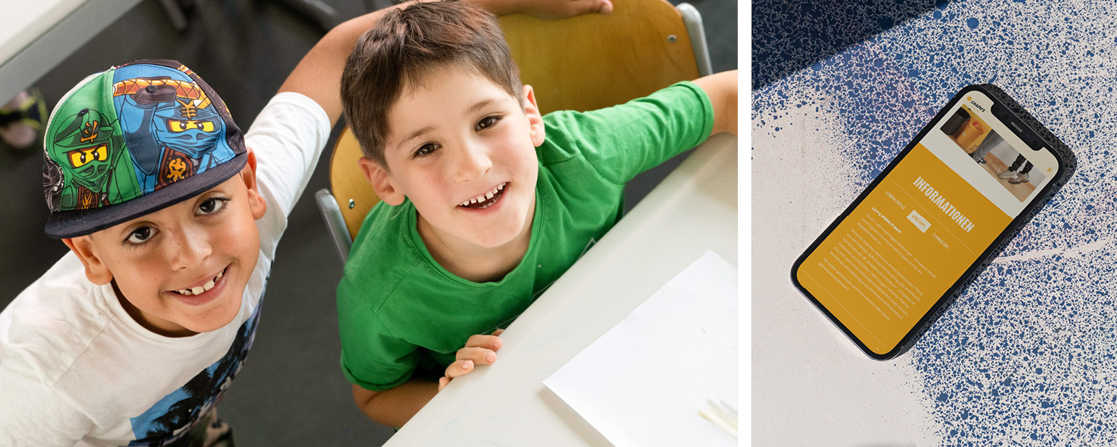 Two pictures of a boy with a hat, one of which includes a phone.