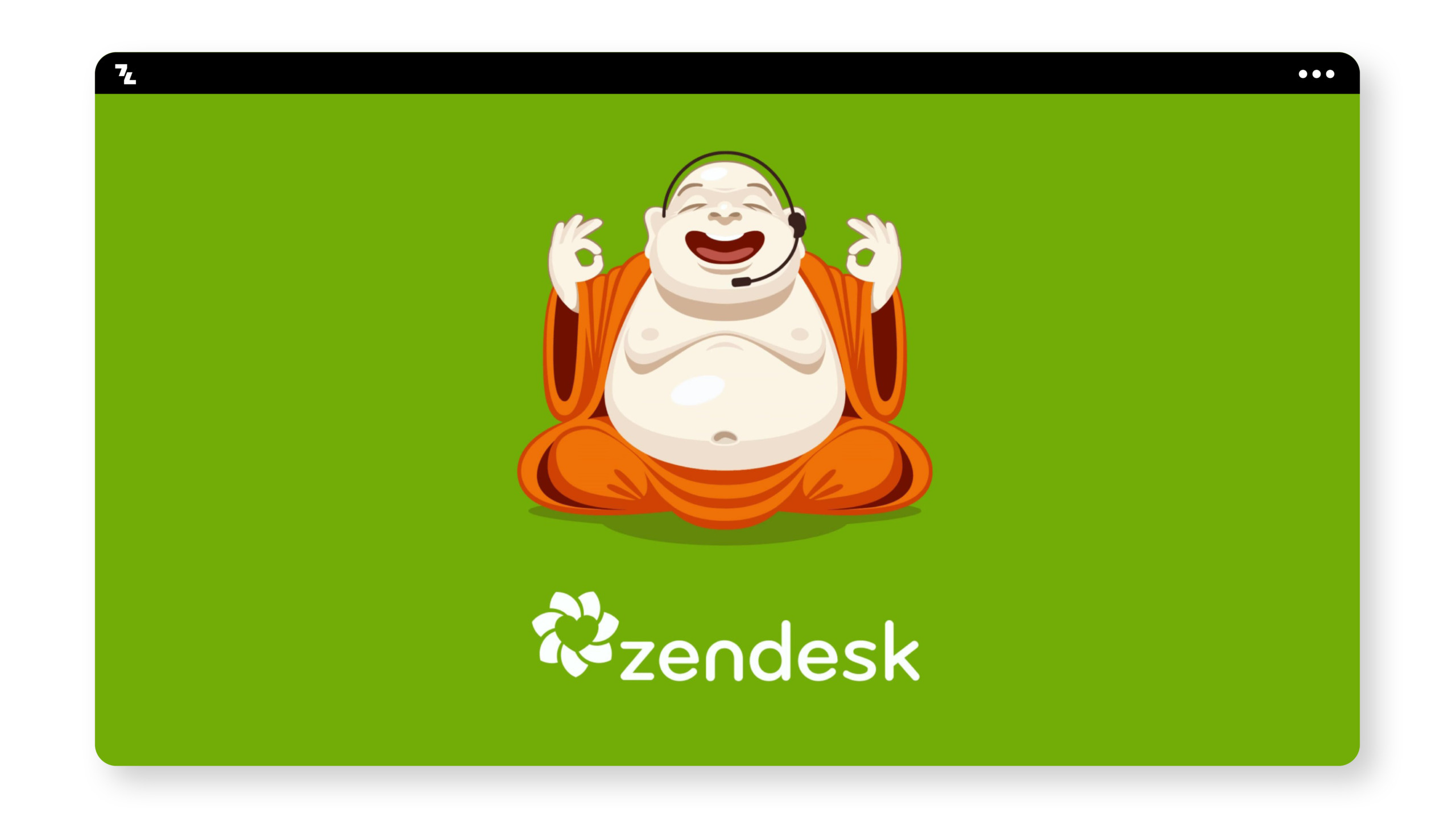 Zendesk logo with a cartoon buddha sitting on a green background.