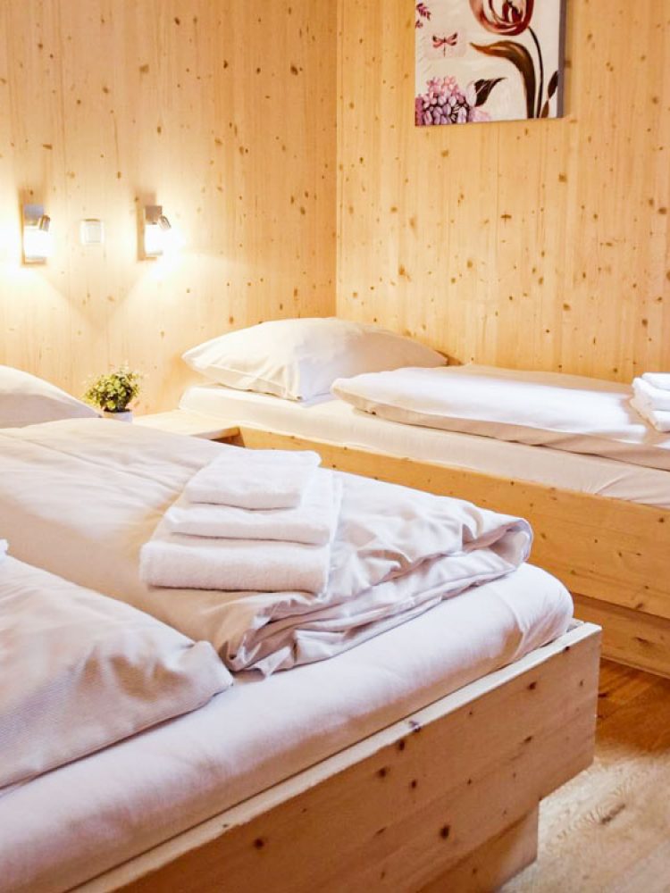 Two beds in a room at Alps Residence with wooden walls.