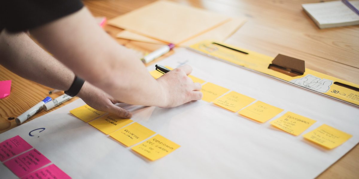 Eine Gruppe von Menschen, die mithilfe eines Whiteboards gemeinsam an Branding-Ideen arbeiten.