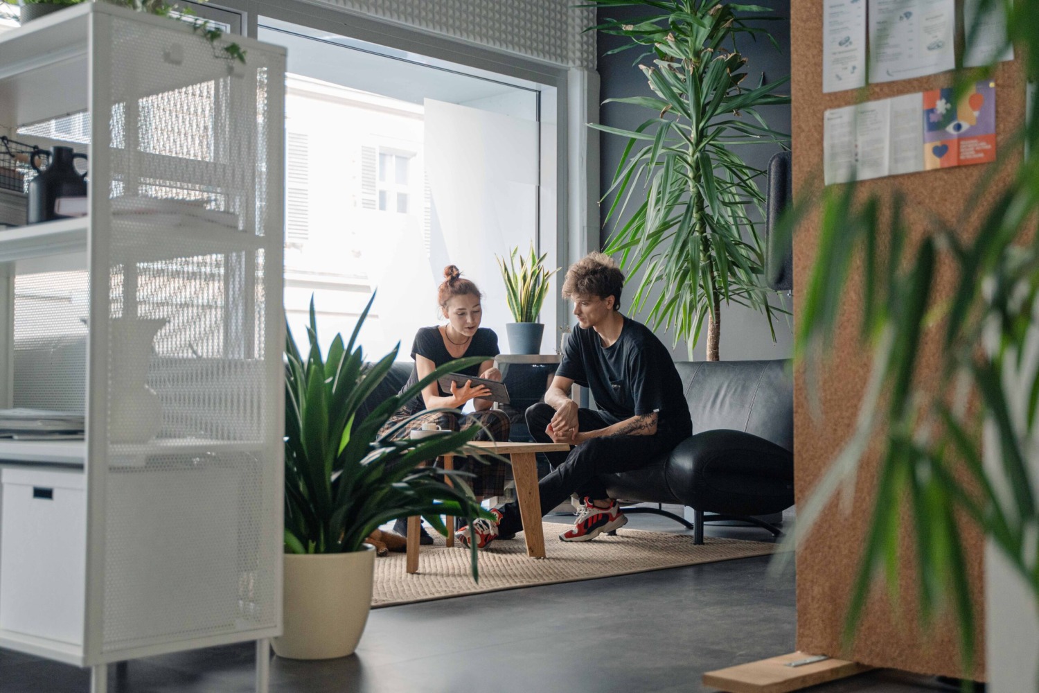 Two people sitting in an office with plants.